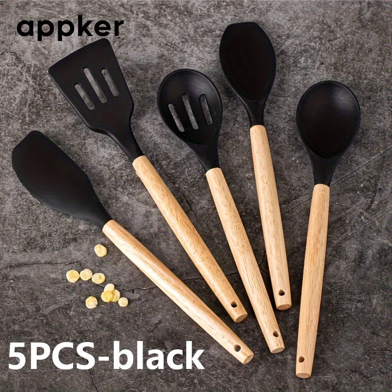 12-Piece Non-Stick Silicone Kitchen Utensil Set with Wooden Handles Heat-Resistant Durable Safe for Cooking and Baking