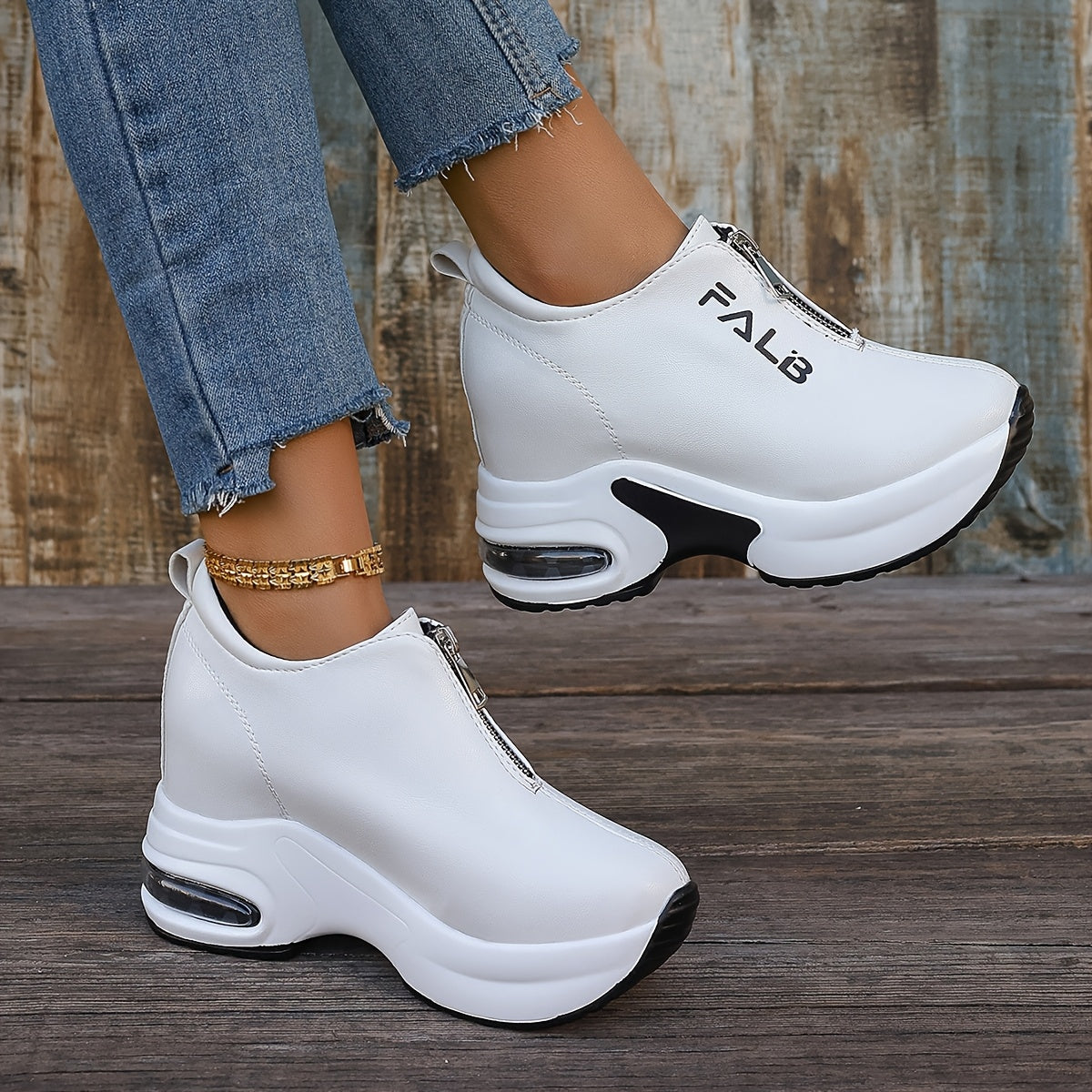 Women's Fashion Sneakers with Air Cushion Zipper Closure Solid Low Top Rubber Sole