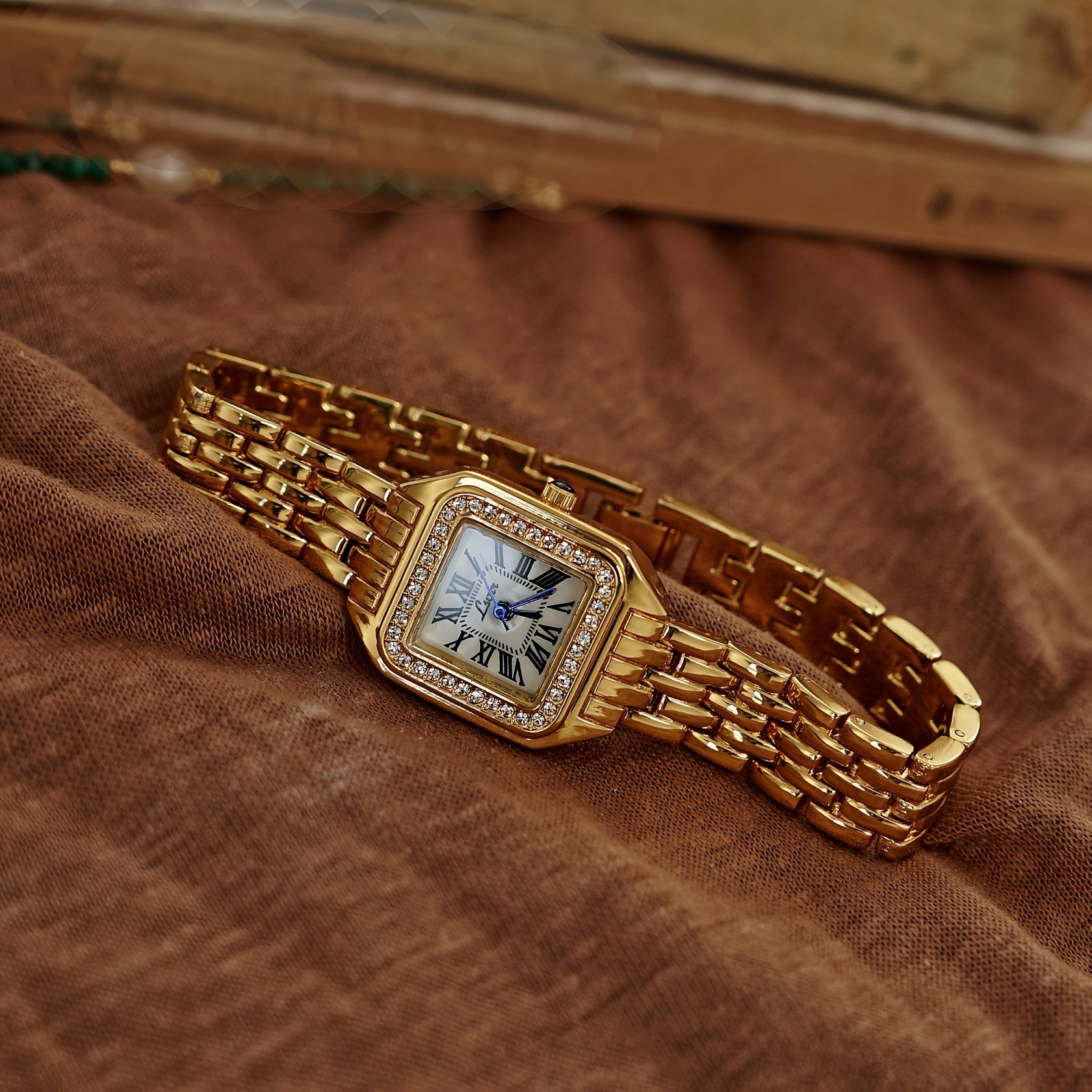 Gold-Tone Square Watch Water-Resistant with Roman Numerals and Water Drops for Women