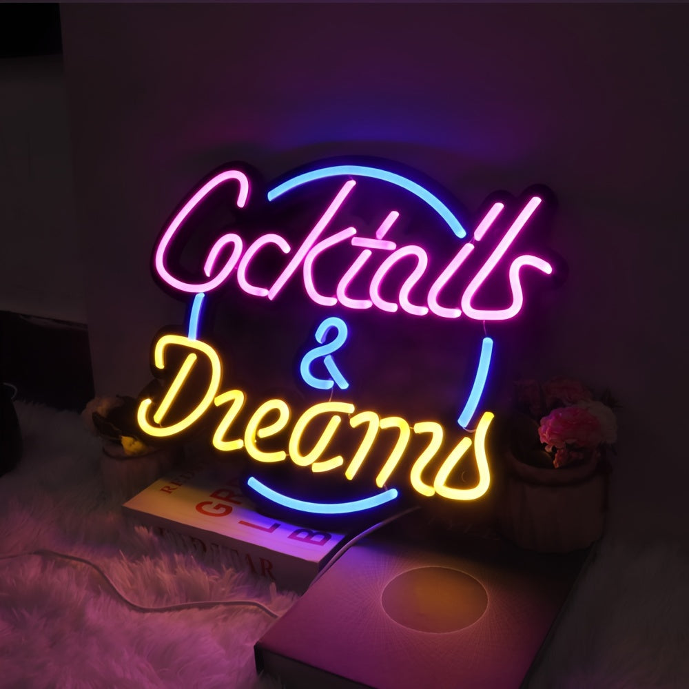 Neon Sign Cocktails and Dreams LED Wall Art Blue USB Powered for Bars Pubs Bedrooms