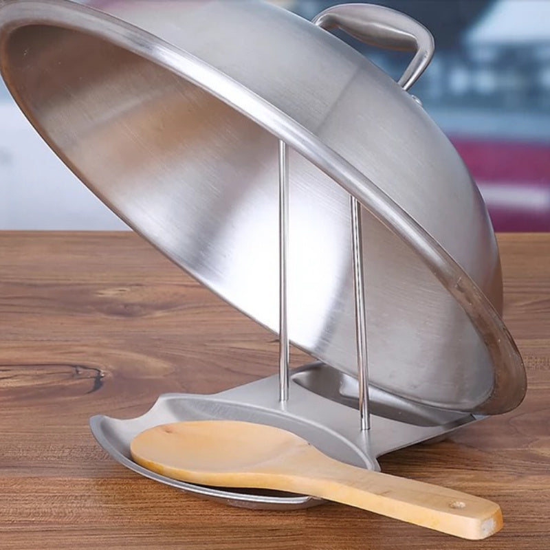 Soporte para tapas de olla de acero inoxidable, organizador compacto para encimera de cocina, bandeja de drenaje