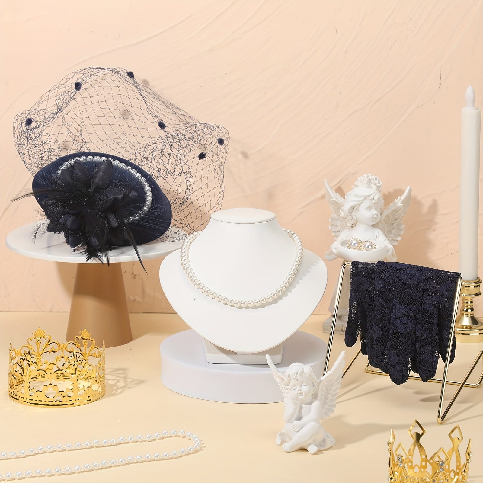 Women's Fascinator Hat Set with Veil Feather and Pearl Necklace