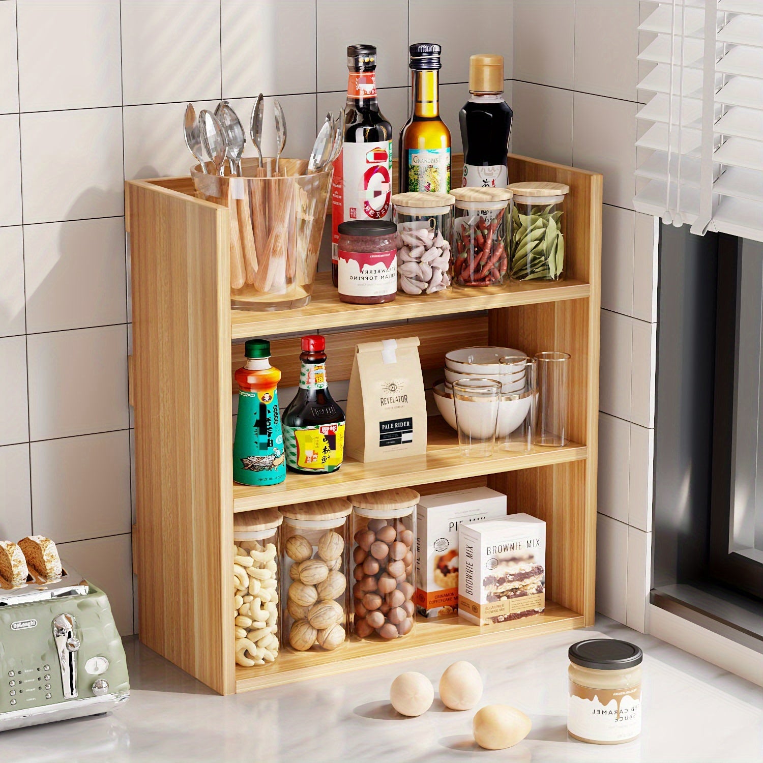 Wooden Multi-Tier Spice Rack Organizer for Kitchen Countertop Storage