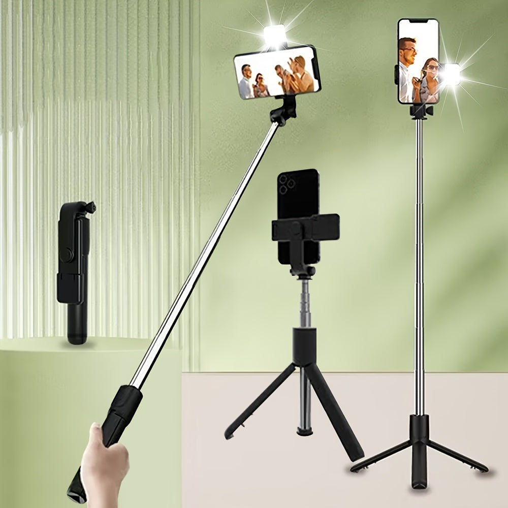 Расширяемая мобильная селфи-палка-трипод с беспроводным пультом и 360° вращением. Совместима с различными смартфонами. Идеально подходит в качестве подарка.
