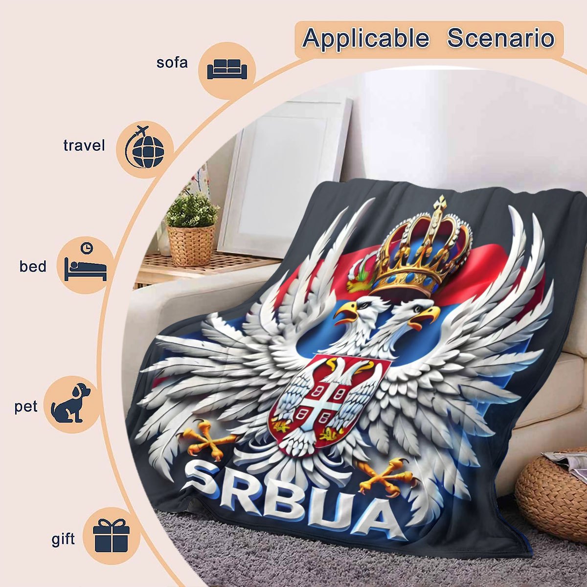 Polyester Flannel Throw Blanket with Serbian Double Eagle Crown Digital Print Lightweight Cozy Stain-Resistant for Home Travel