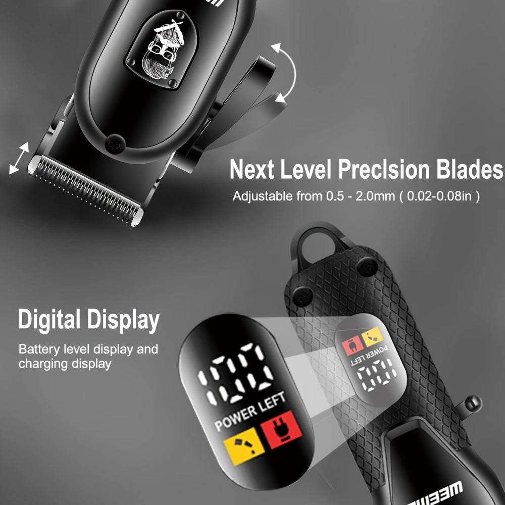 WEEME Professional Electric Hair Clipper USB zaryadlash, past shovqin, LCD raqamli ko'rsatkich, T-turi trimmer, qirrash, va 18650 seriyali 2900mAh qayta zaryadlanadigan litiy batareyasi bilan erkaklar uchun.