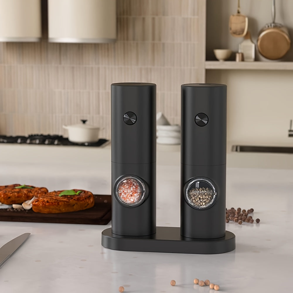 Electric Salt and Pepper Grinders Set with LED Light and Storage Base for One-Handed Operation