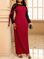 Women's Lace Patchwork Bodycon Dress Long Sleeve Wedding Party Gown