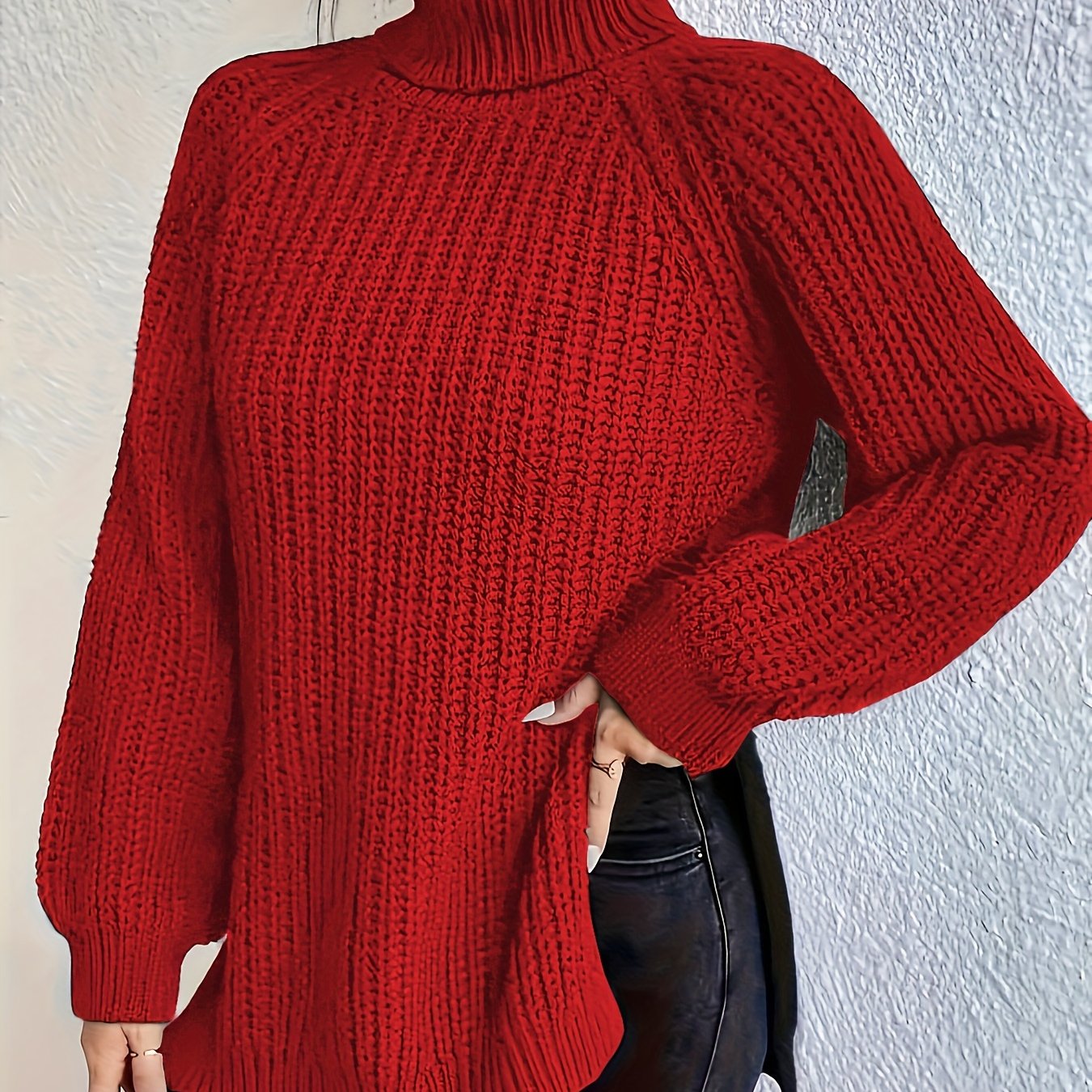 Suéter de punto de cuello alto para mujer talla grande de manga larga, casual para otoño e invierno