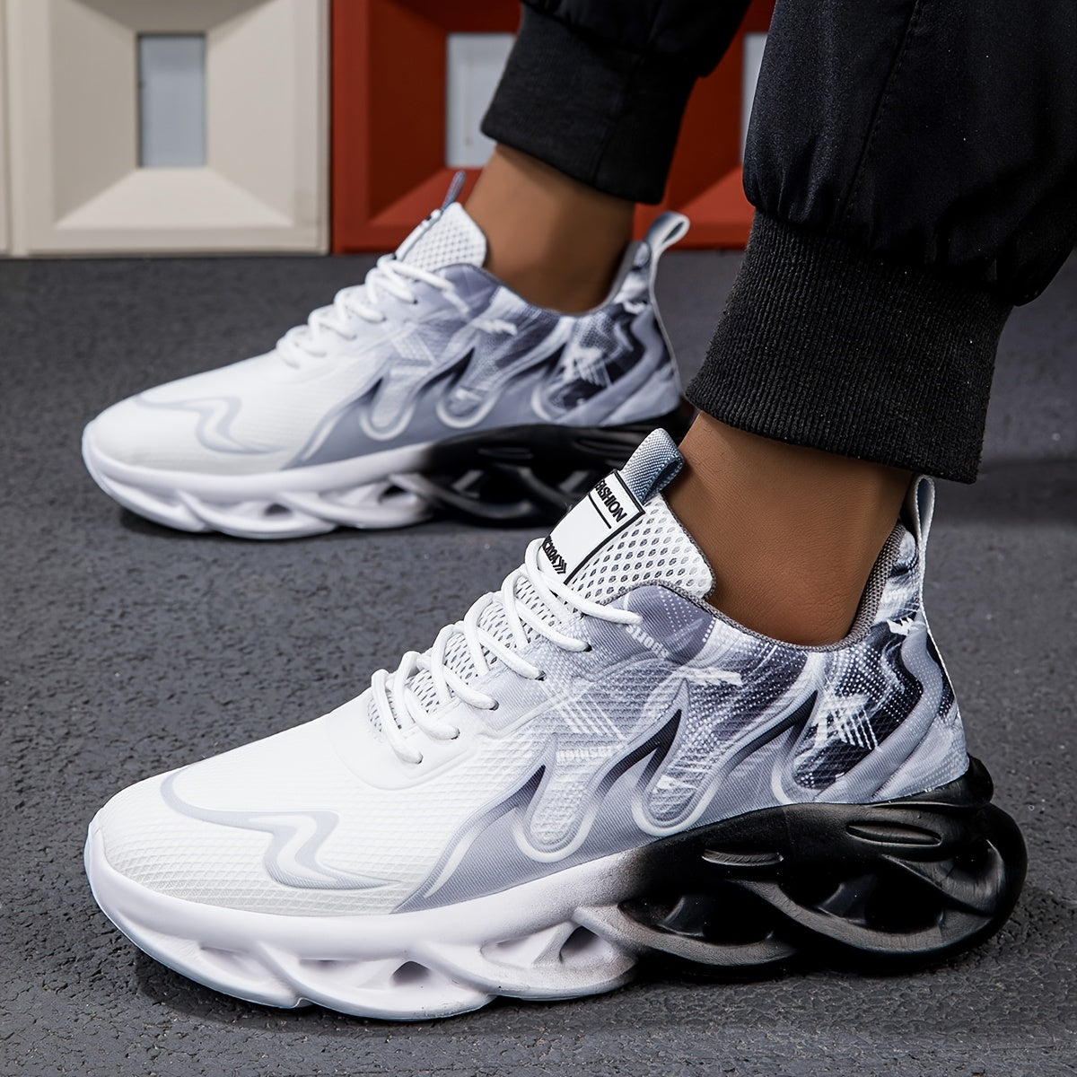 Men's Black and White Breathable Mesh Sneakers with Thick Sole and Geometric Pattern