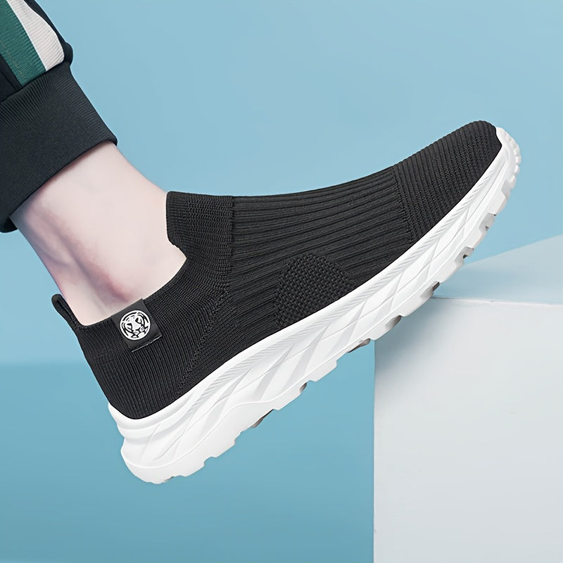 Zapatillas slip-on de punto transpirable para hombre, negras, para correr, senderismo y uso casual