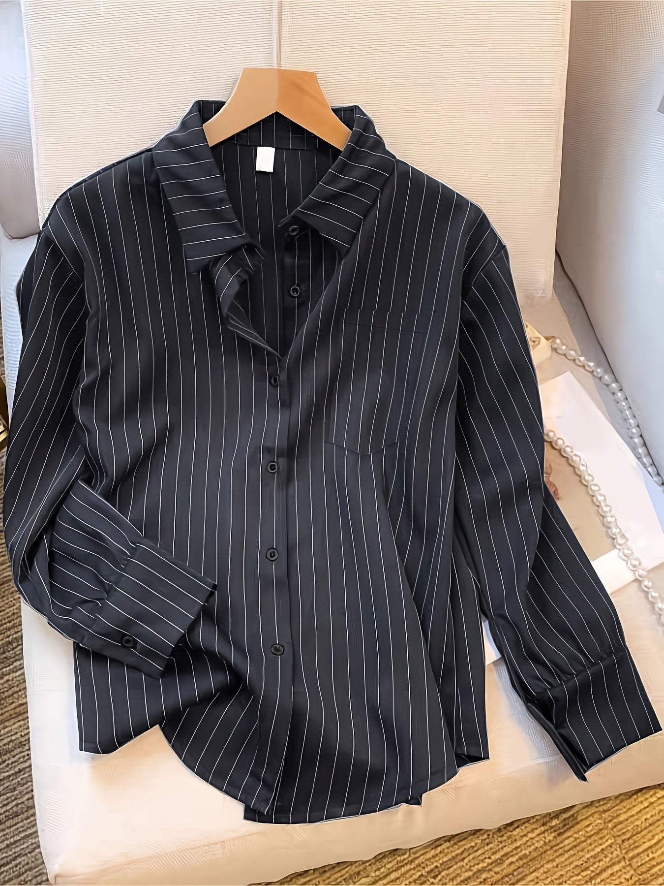Women's Long Sleeve Striped Shirt Made from 100% Polyester with Lapel Collar and Button-Up Design