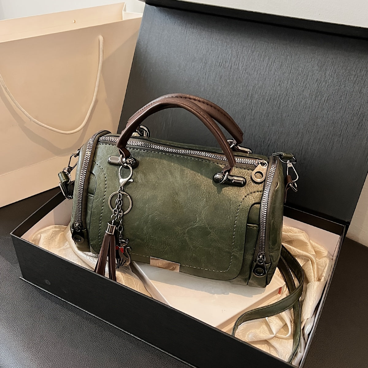 Vintage Crossbody Bag for Women PU Solid Color Casual Shoulder Handbag with Wallet