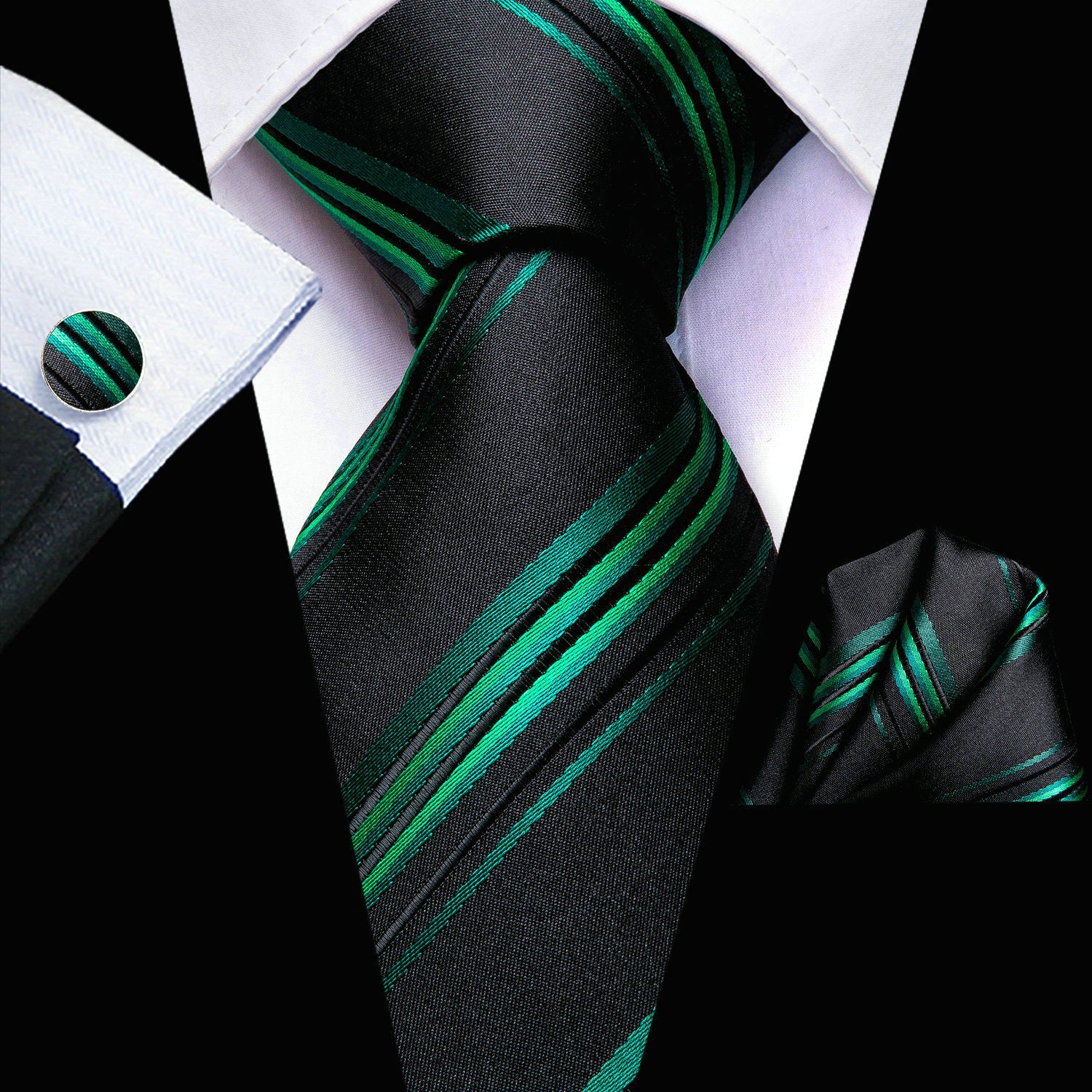 Men's Classic Striped Necktie Set with Cufflinks for Business and Party