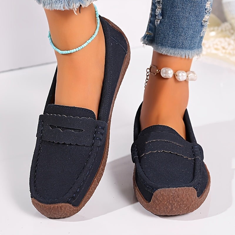 Women's Black Loafers Slip-On Flats Comfortable PU Casual Shoes
