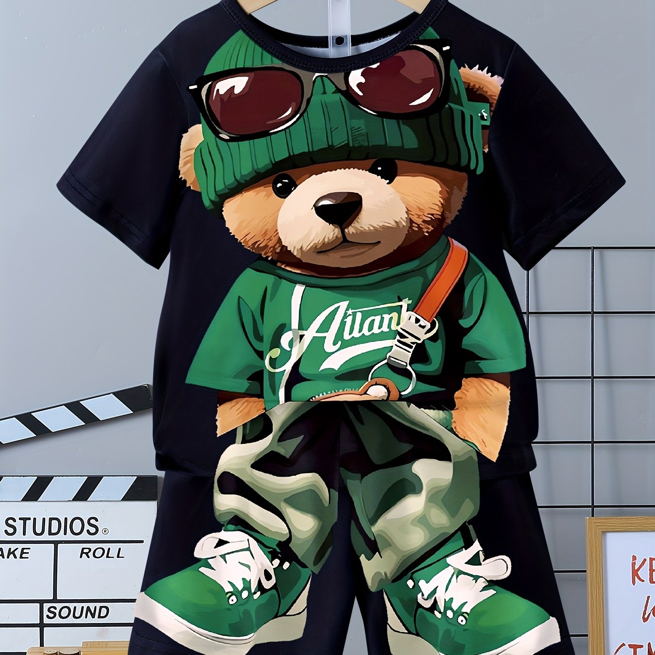 Boys' Summer Cartoon Bear Outfit Crew Neck T-Shirt and Knit Shorts Regular Fit