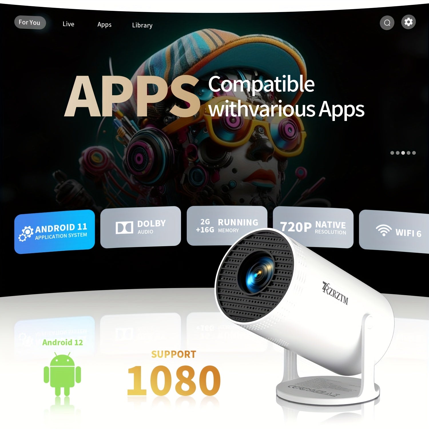 Mini WiFi6 Smart Projector with 1080p, Keystone Focus, Tabletop Mount