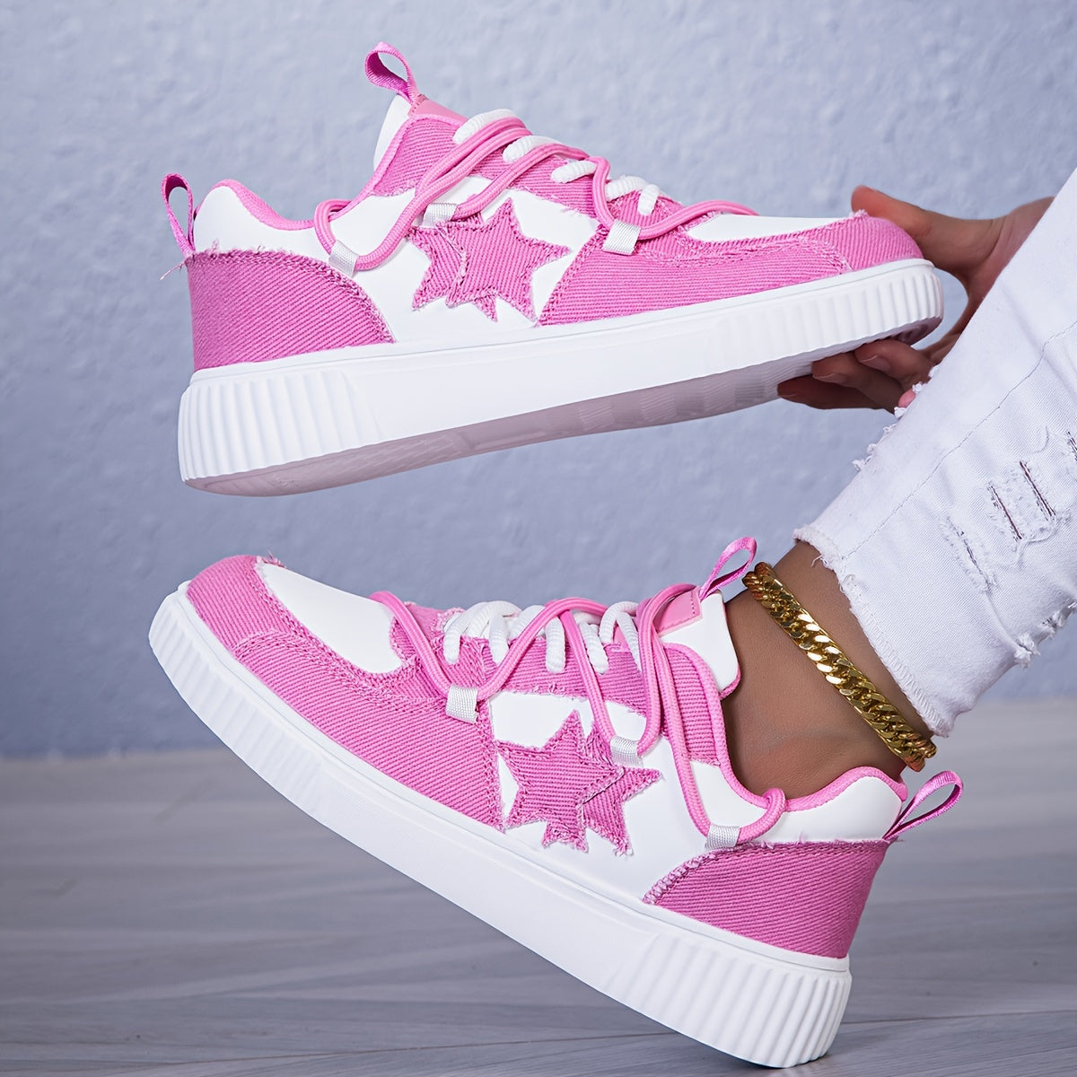 Women's Lace-Up Platform Sneakers for Casual Walking with Stars Print