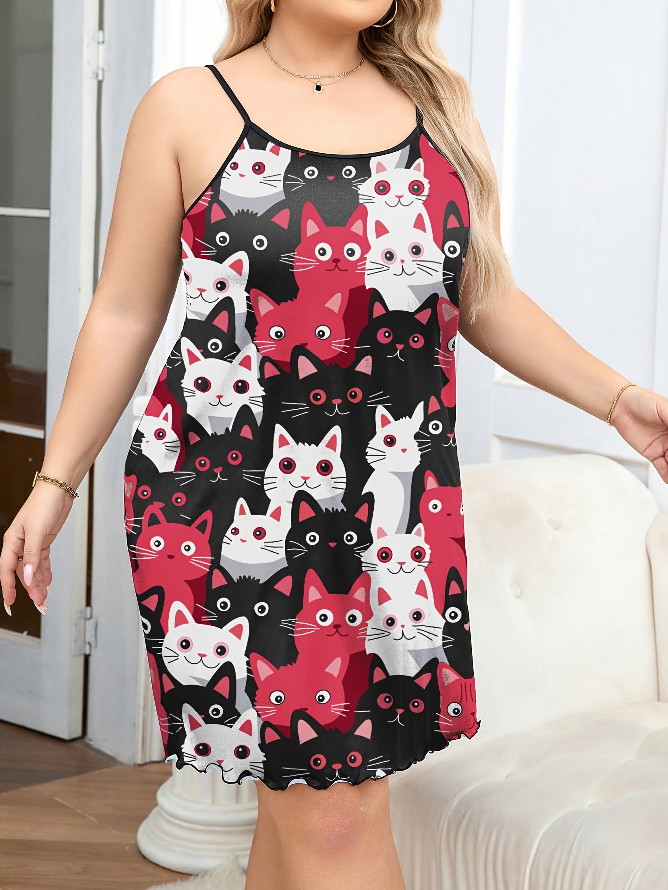 Women's Sleeveless Nightgown Casual Dress Red Black Cartoon Cat Print