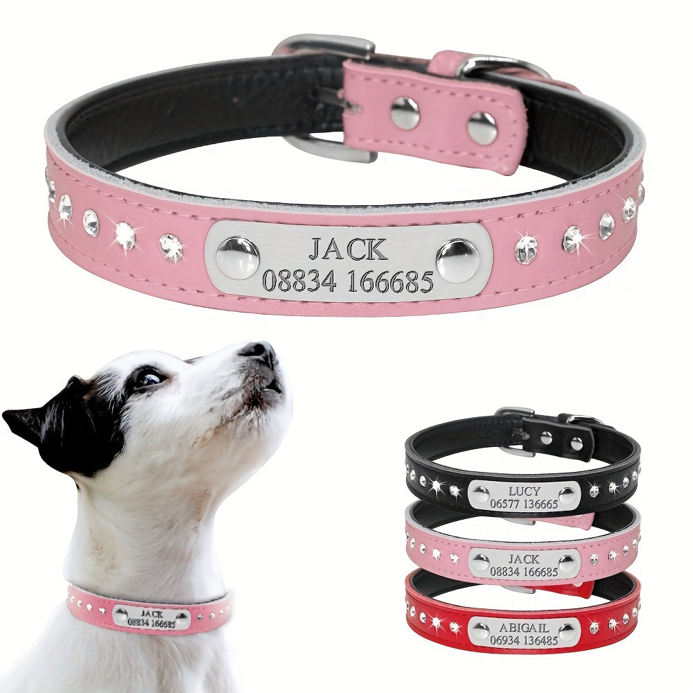 Leather Pet Collar for Small Dogs and Kittens Adjustable with Nameplate and Free Engraving