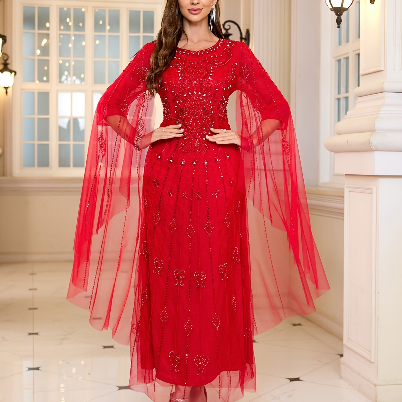 Women Beaded A-Line Evening Gown with Sequin Detailing Long Sleeve Red