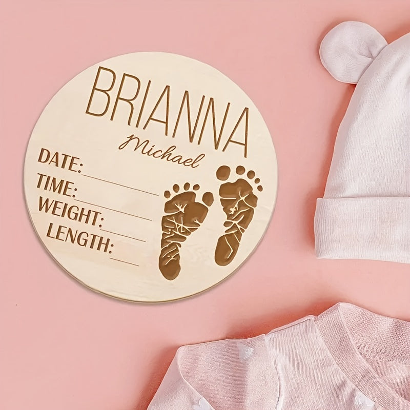 Personalized Wooden Baby Birth Announcement Sign with Custom Name and Footprint Keepsake