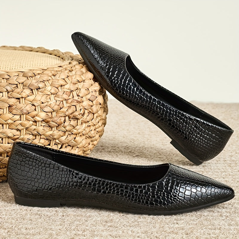 Women's Pointed Toe Flats Black Textured Slip-On Shoes Comfortable Casual Dressy