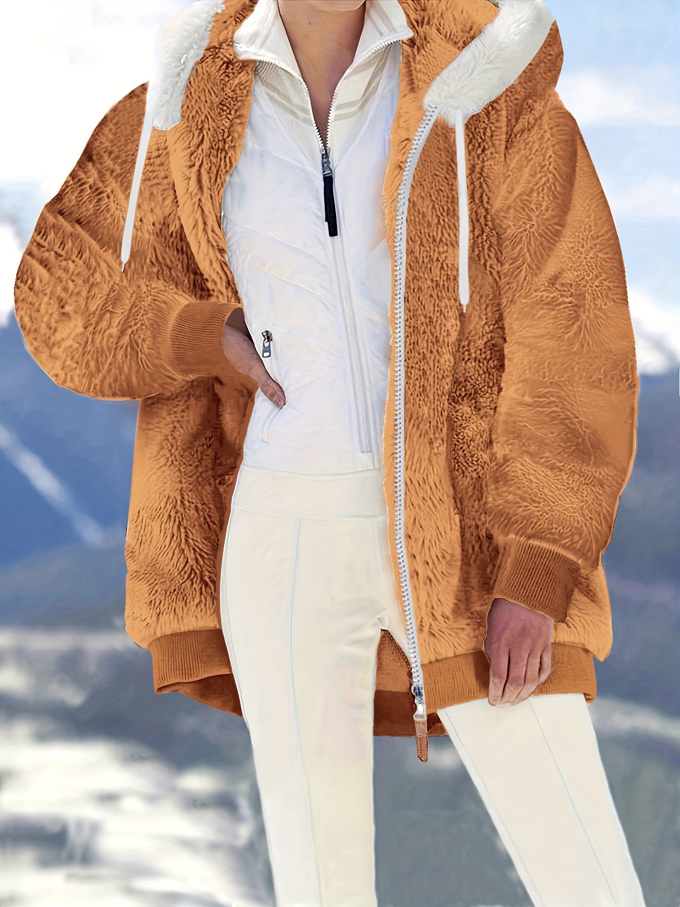 Плюс сайз женское пушистое пальто с застежкой-молнией и капюшоном для зимней одежды