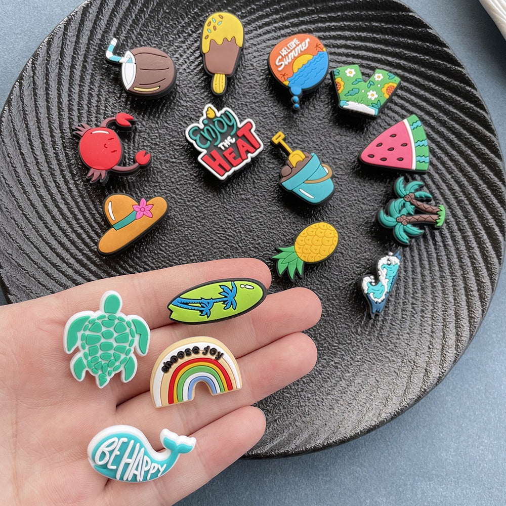 16pcs Summer Beach Shoe Charms PVC Turtle Palm Tree Fruit Sneakers Sandals