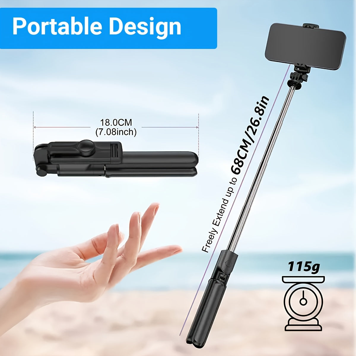 iPhone, Samsung va Android smartfonlar uchun tripod va masofadan boshqarish pultiga ega teleskopik selfie tayoq, 360° aylanish.