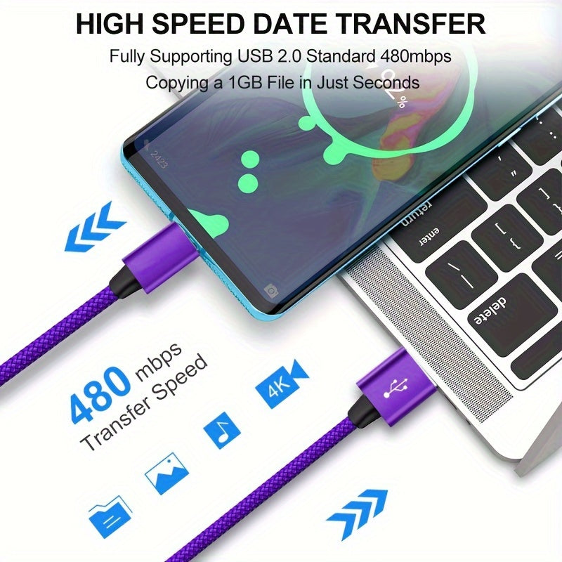USB-C Fast Charging Cable for Android Phones Nylon Fabric 50-80W Data Transfer