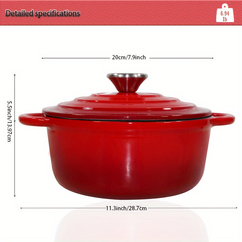 Красная 2 QT эмалированная чугунная голландская печь с крышкой, с двумя ручками - 20,32 см тяжелая кастрюля, идеальная для выпечки, рагу и супов. Непригарная, круглая посуда, идеально подходящая для домашних кухонь.