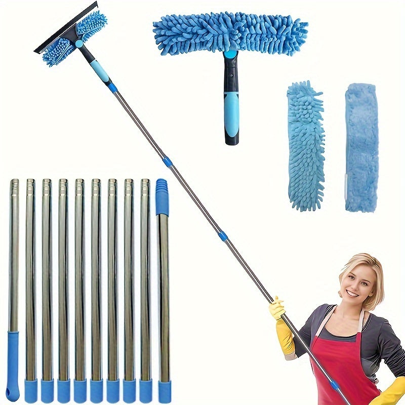 2in1 Window Cleaning Brush and Scraper Set with Telescopic Pole and Hard Bristle Brush