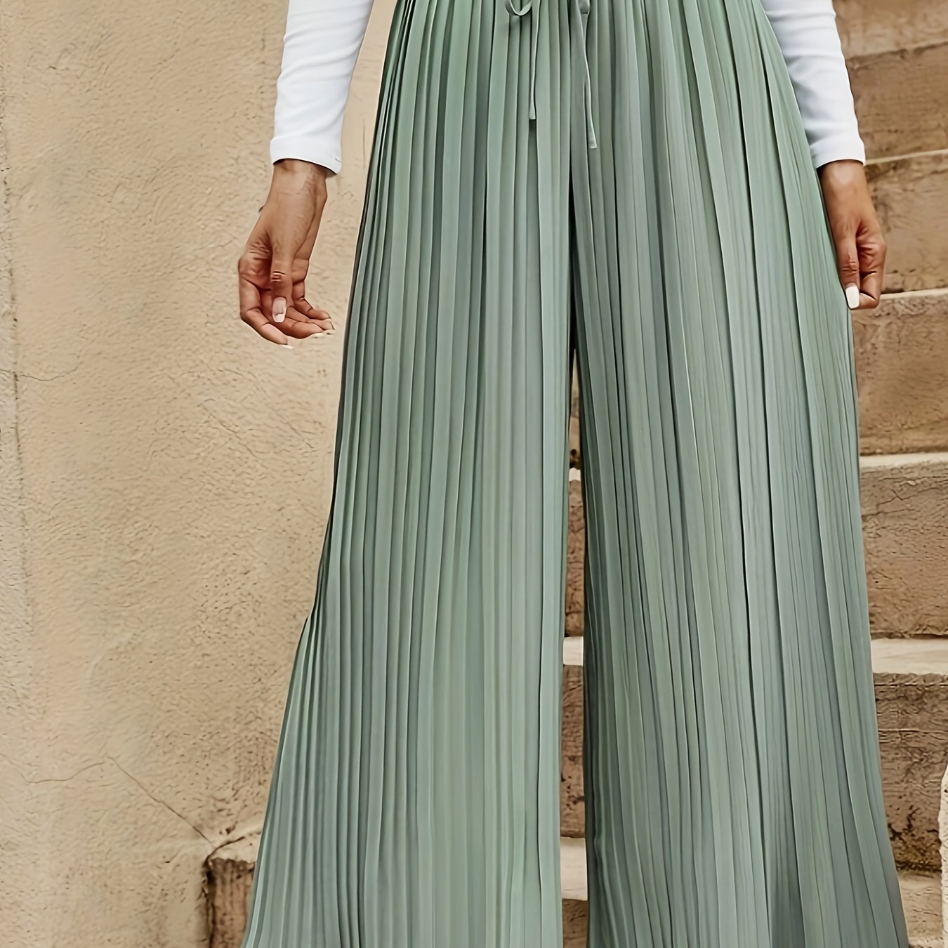 Women's Wide-Leg Pants with Pleats Olive Green Casual Trousers