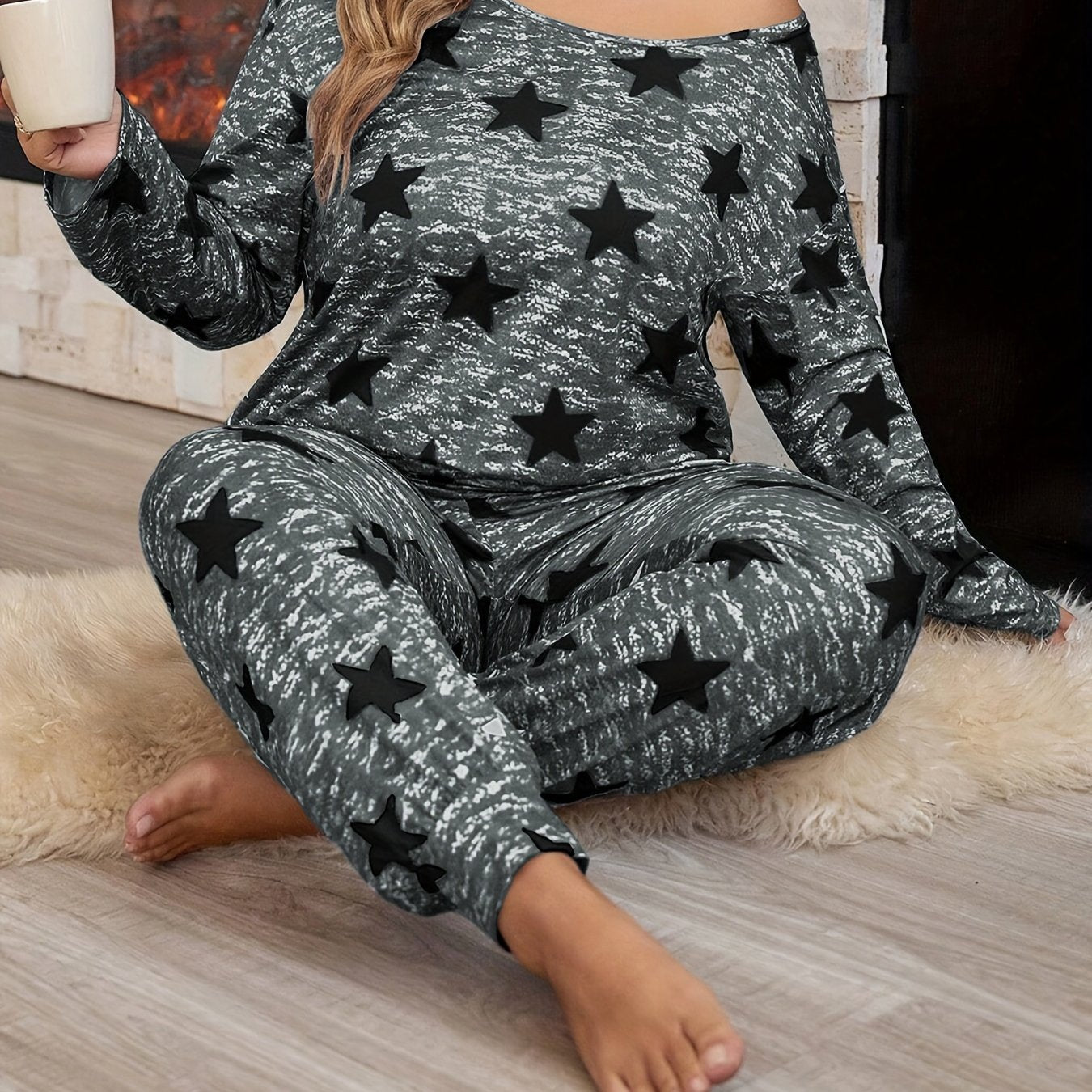 Plus Size Ladies Sleepwear Set Tie-Dye Star Print Lounge Pajamas