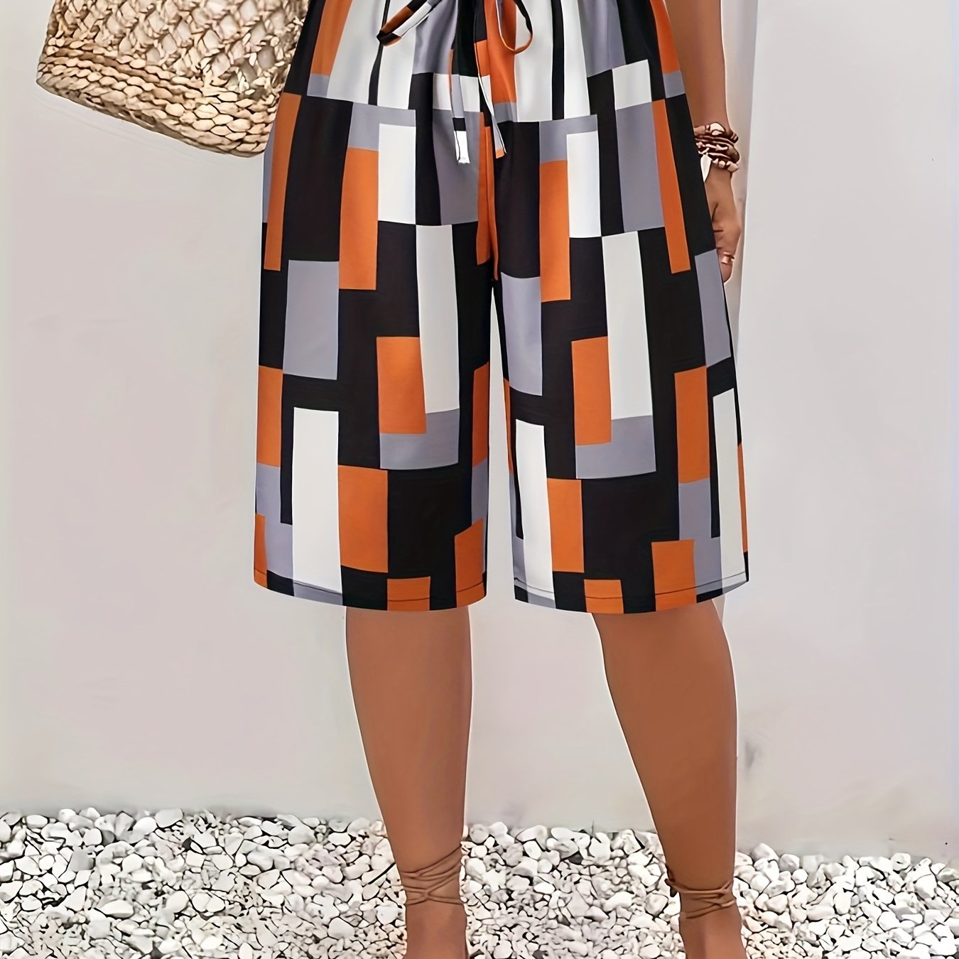 Элегантные капри для полных женщин в полоску с высокой талией из полиэстера, прямой крой