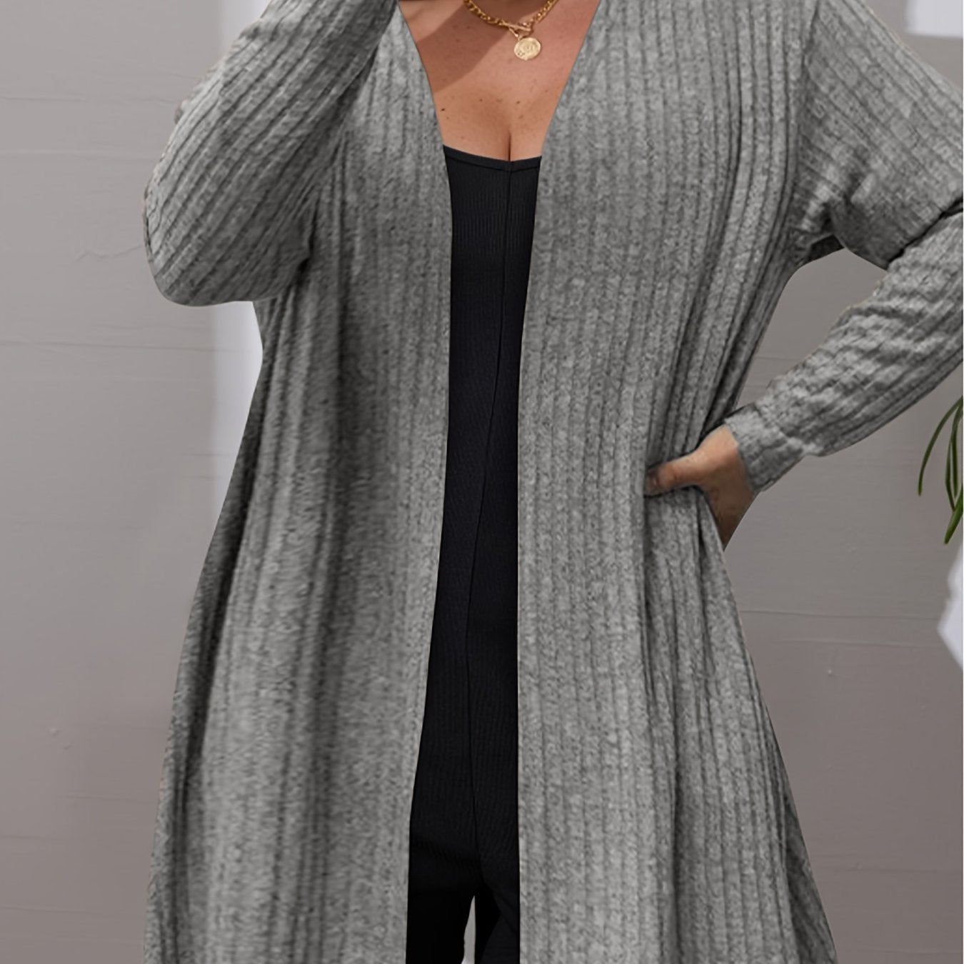 Plus Size Women's Knit Cardigan Long Sleeve Open Front Black Casual Coat