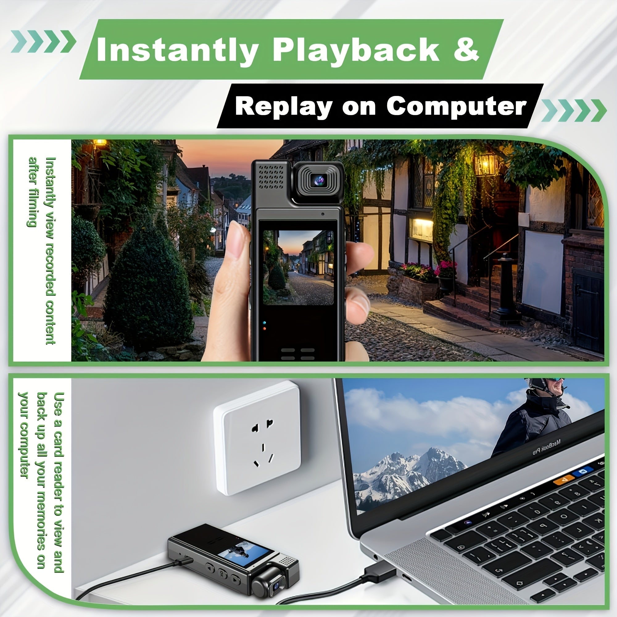 Cámara de acción negra con lente giratorio de 180°, batería extendida y detección de movimiento