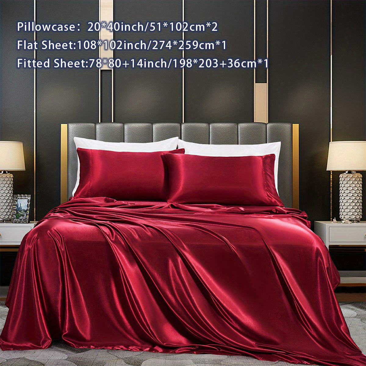 Satin Bed Sheets Set Fitted and Flat Sheets with Pillowcases for Bedroom