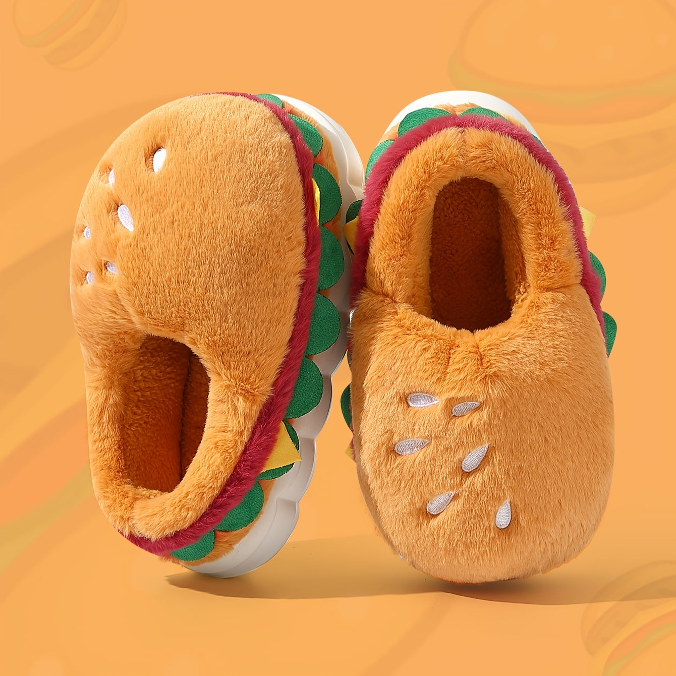 Unisex Plush Slippers Winter Warm Soft Fabric EVA Sole Playful Hamburger Design