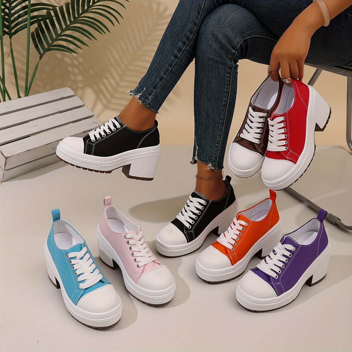 Women's Chunky Platform Shoes White Orange Colorblock Non-Slip PU All-Season