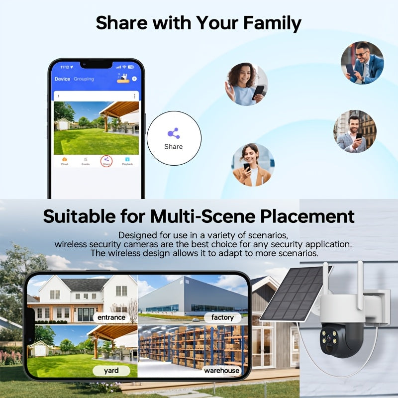 Солнечная уличная камера безопасности - 360° обзор, WiFi-соединение, цветная ночная съемка, двусторонний аудио, водонепроницаемость IP65, перезаряжаемая батарея
