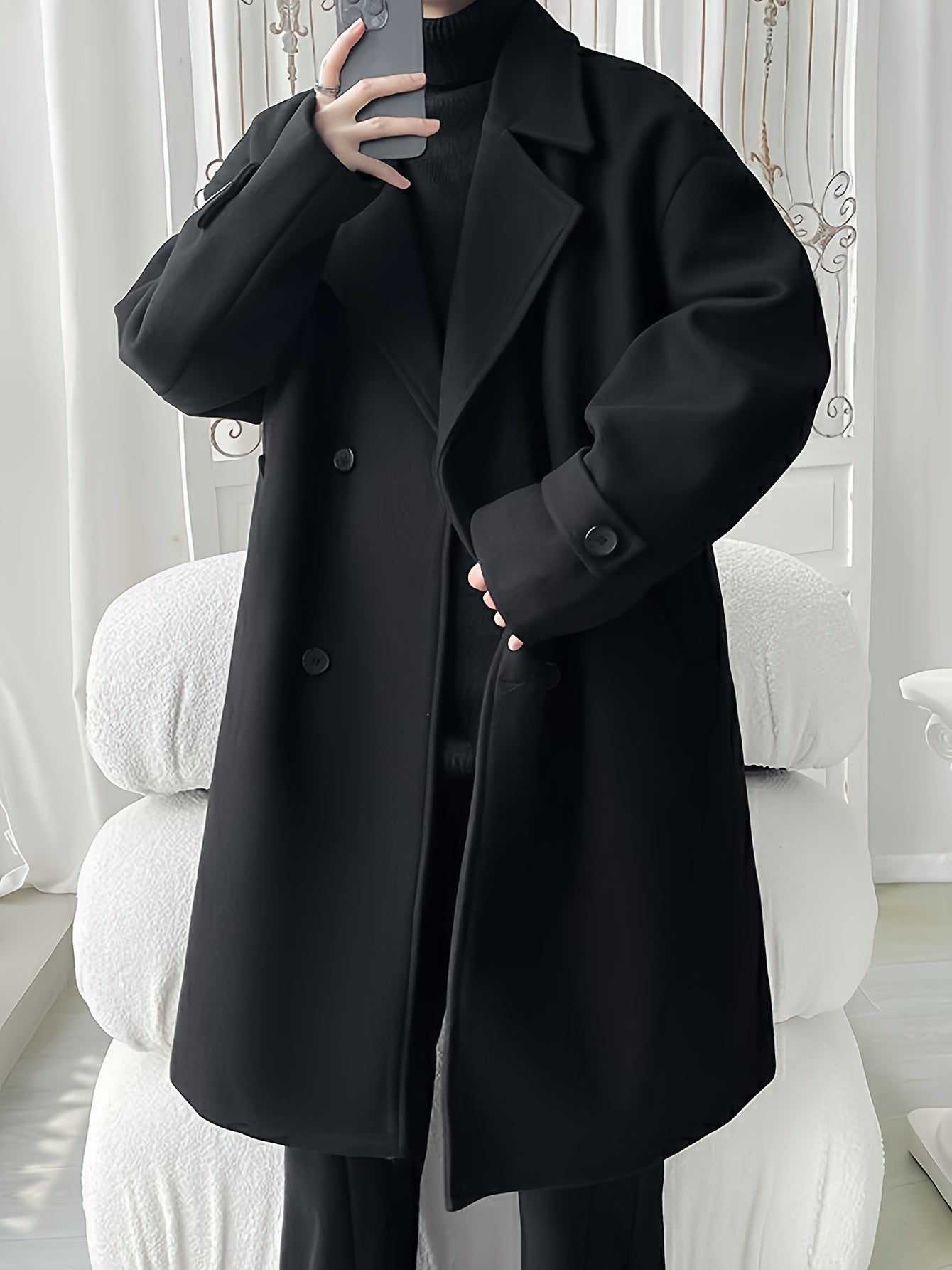 Men's Double-Breasted Overcoat Casual Long Coat Fall Winter Solid Color Polyester Open Collar