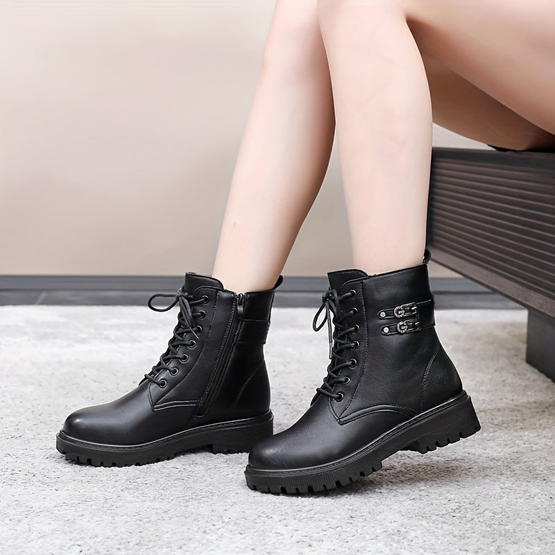 Women's Fleece-Lined Ankle Boots Motorcycle Snow Boots Warm Platform Cold Weather