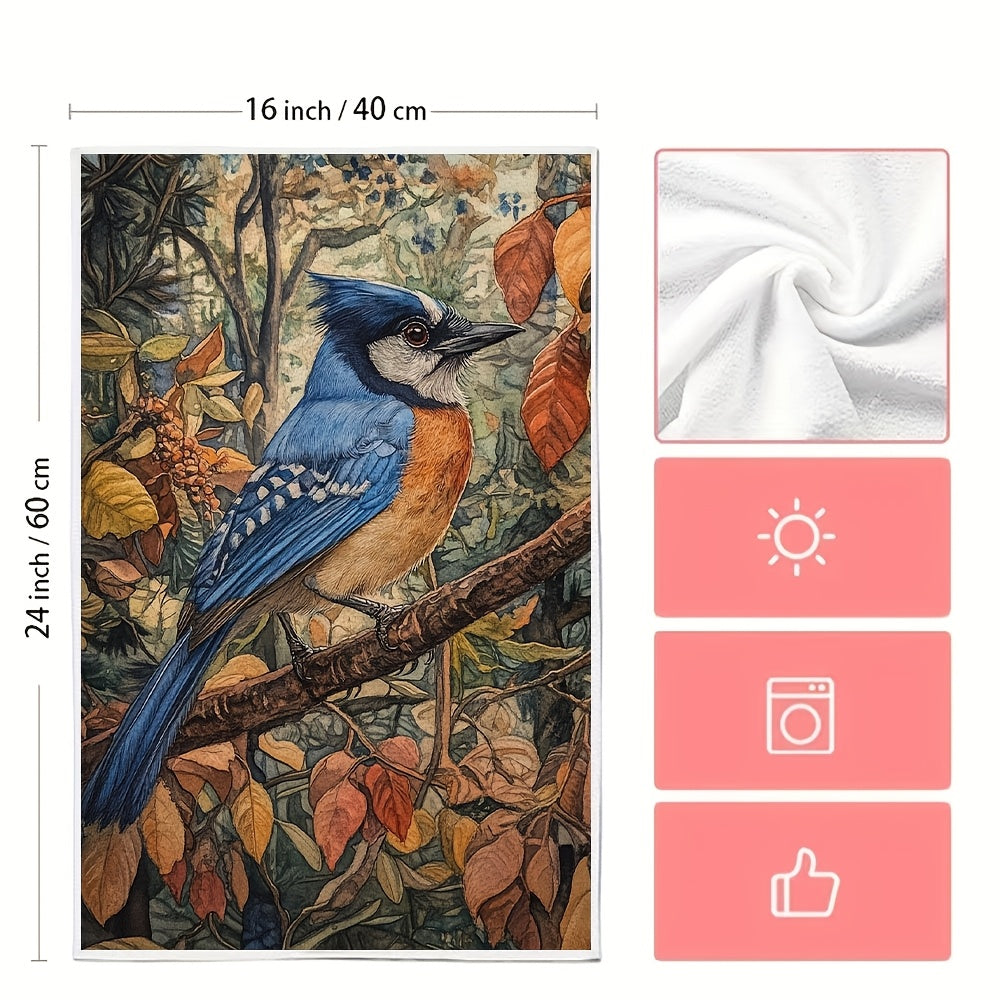 Set of 2 Coastal Blue Jay Kitchen Towels 40x60cm Super Absorbent Machine Washable