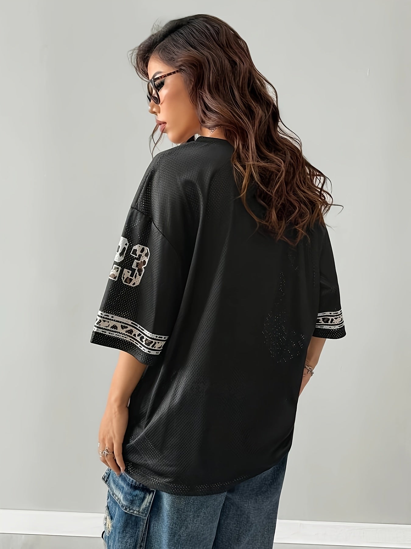 Women's Plus Size Summer Drop Shoulder V-Neck Football Jersey T-Shirt Breathable Semi-Sheer