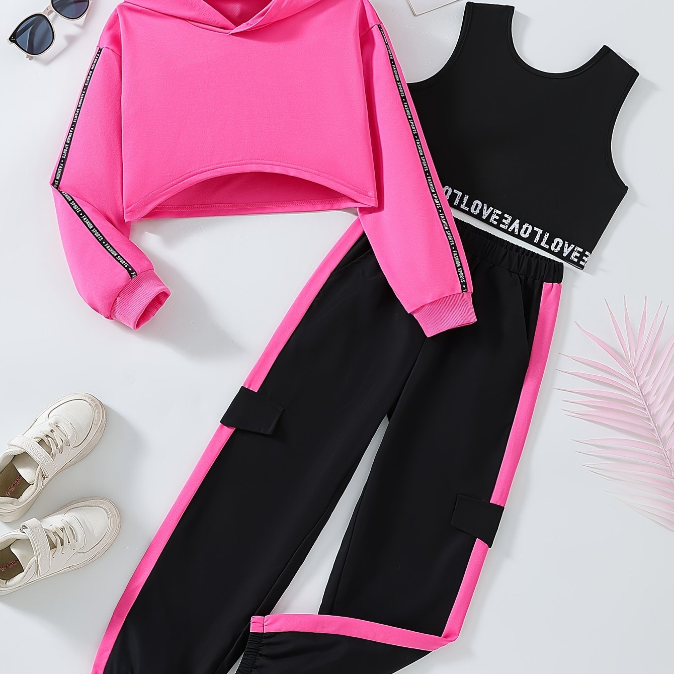 Girls Activewear Set with Crop Hoodie Tank Top and Sweatpants for Casual Outdoor Wear