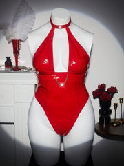 Plus Size Women's Red Satin Bodysuit with Cross Strap Stretch Fabric