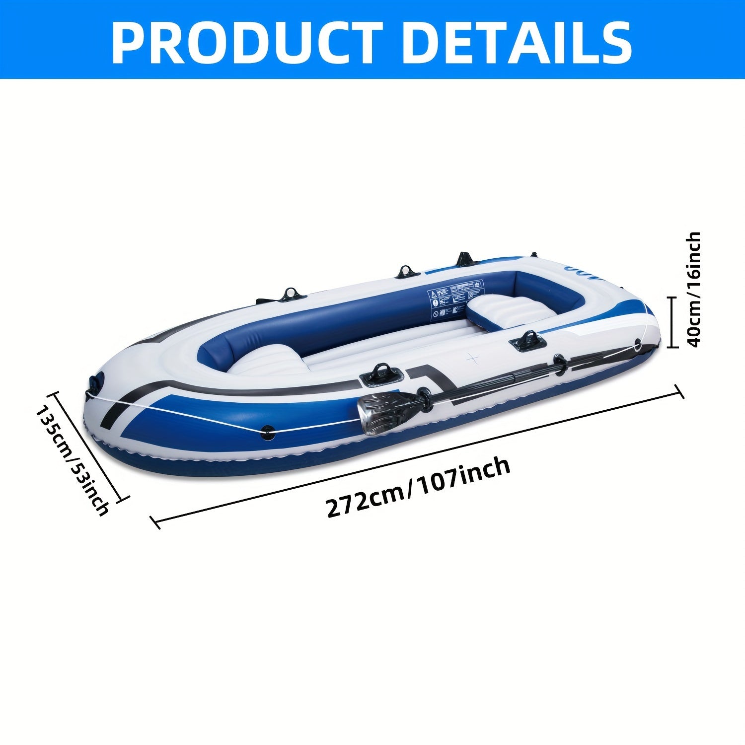 Inflatable Boat Kit with Paddle Pump PVC Construction Fishing Rod Holders Blue