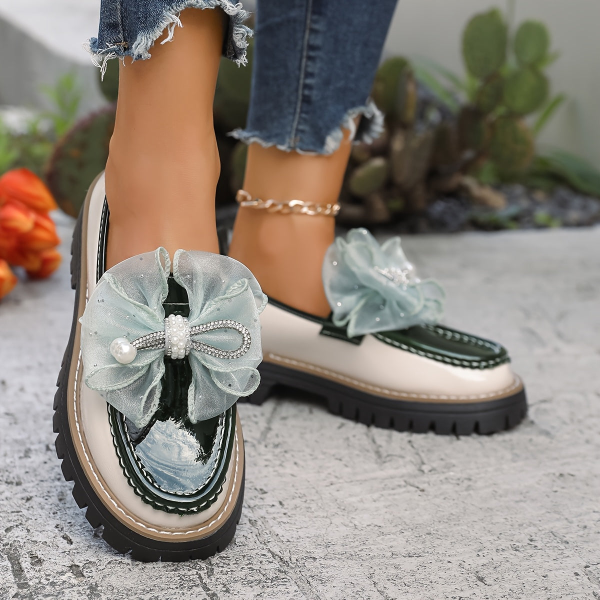 Women's Chunky Platform Loafers Slip-On Rhinestone Bow Synthetic Rubber Sole
